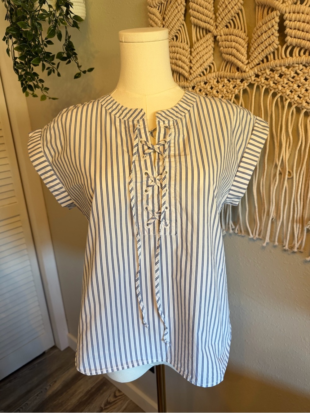 J. Crew Blue and White Striped Lace-Up Cap Sleeve Top